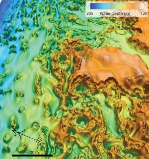 A map created by MBARI’s advanced underwater robots reveals the unique seafloor terrain in a remote region of the Arctic Ocean. The right-hand side of the map has several wide, flat orange mounds and yellowish-green pits, representing mounds and sinkholes. The left-hand side of the map is yellowish-green with several small, pointy green mounds. A color key in the top right reads Water Depth (m) with a color gradient from white to orange to yellow to green to light blue to dark blue. The label on the right under white reads 120 for 120 meters water depth. The label on the left under dark blue reads 205 for 120 meters water depth. At the bottom left is a black scale bar labeled ~300 m to represent 300 meters of distance in the map. Above is a compass arrow pointed diagonally at approximately 45 degrees to the middle left and labeled N in a black script font for North.