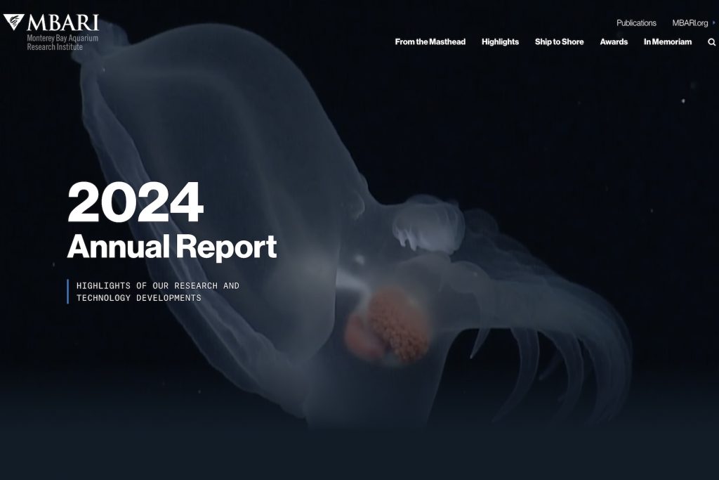 A screenshot shows the main landing page for MBARI’s 2024 Annual Report. At the top left is MBARI’s gulper eel logo and the full name Monterey Bay Aquarium Research Institute in white. At the top right are white text links that read Publications and MBARI.org with a row of bold white text links below that read From the Masthead, Highlights, Dockside Developments, Awards, and In Memoriam and a white magnifying glass search icon. In the center of the page is a frame grab from a video of a transparent swimming sea slug with a gelatinous hood and paddle-like tail fringed with finger-like projections above bold white text reading 2024 Annual Report and a bright blue vertical bar next to smaller white text that reads Highlights of our research and technology developments in uppercase letters.