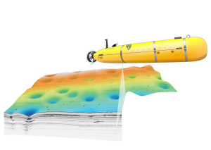 An illustration shows a yellow torpedo-shaped underwater robot moving over a field of pockmarks using sound to visualize the seafloor bathymetry and the layers of sediment underneath. The color gradient on the seafloor bathymetry represents a depth gradient, with shallower depths in orange in the background transitioning to yellow, green, and blue in the foreground to represent deeper depths. The bathymetry includes approximately 16 circular pockmark formations. Underneath the bathymetry is a black-and-white cross-section of sediment layers showing deposits of coarse sediments in black.